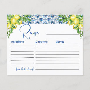 Lemon Italian Blue Tile Bridal Shower Recipe Card