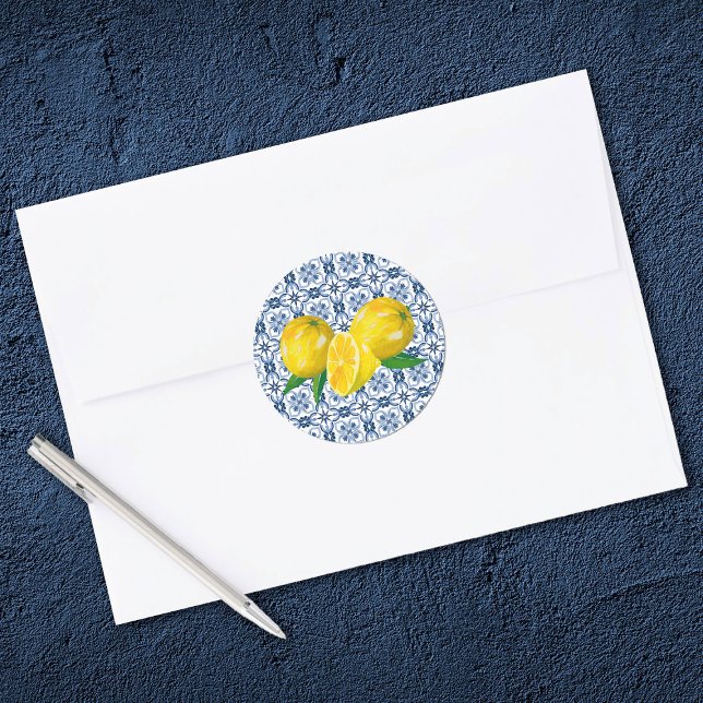 Lemon Italian Blue Tile Wedding Favour Sticker (Elegant Mediterranean lemon wedding envelope seals)