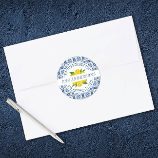Lemon Italian Blue Tile Wedding Return Address Classic Round Sticker