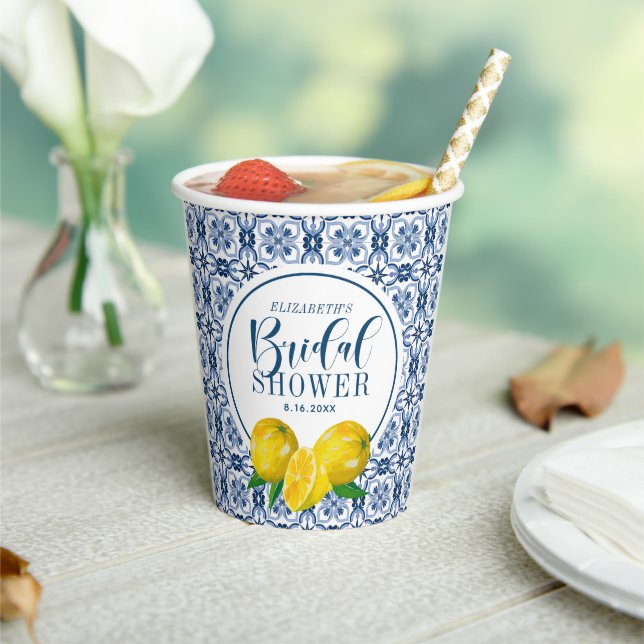 Lemon Italian Blue Tile Wedding Thank You Paper Cups (Insitu)