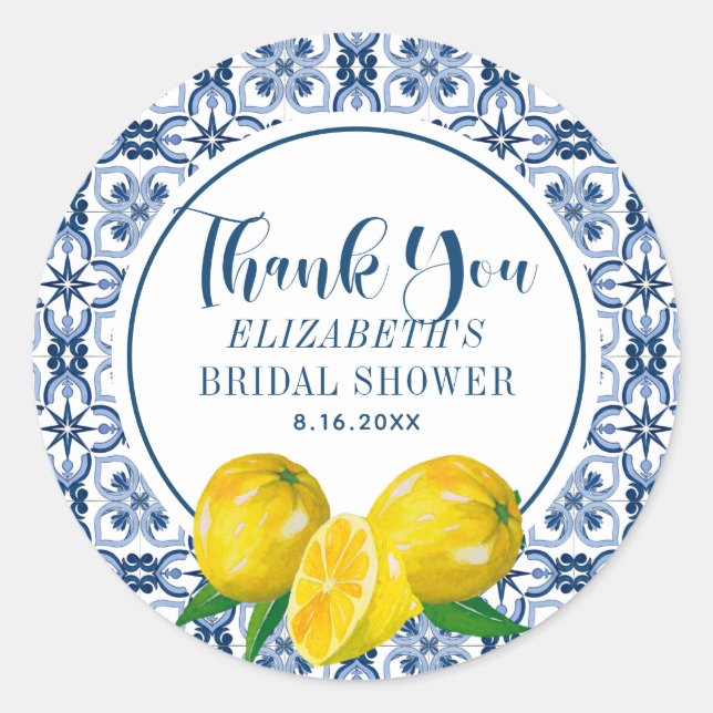 Lemon Italian Blue Tile Wedding Thank You Sticker (Front)