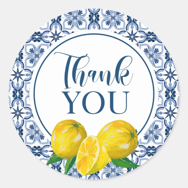 Lemon Italian Blue Tile Wedding Thank You Sticker (Front)