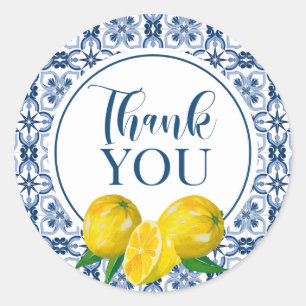 Lemon Italian Blue Tile Wedding Thank You Sticker