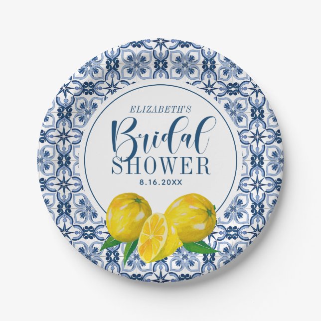 Lemon Italian Blue Tile Wedding Thank You Sticker  Paper Plate (Front)