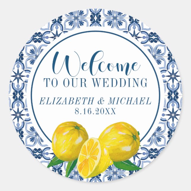 Lemon Italian Blue Tile Wedding Welcome Sticker (Front)
