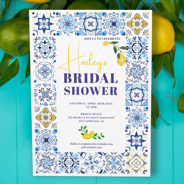 Lemon Italian blue tiles watercolor bridal shower  Invitation (Creator Uploaded)