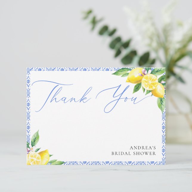Lemon Italian Positano Blue Bridal Shower Thank You Card (Standing Front)