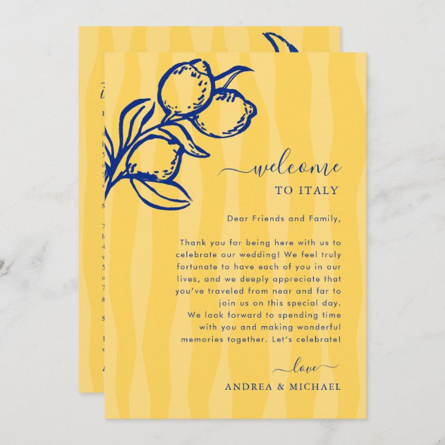 Lemon Italy Wedding Welcome Letter Itinerary Card (Front/Back)