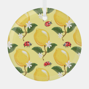 Lemon Ladybug: Tropical Yellow Pattern. Glass Tree Decoration