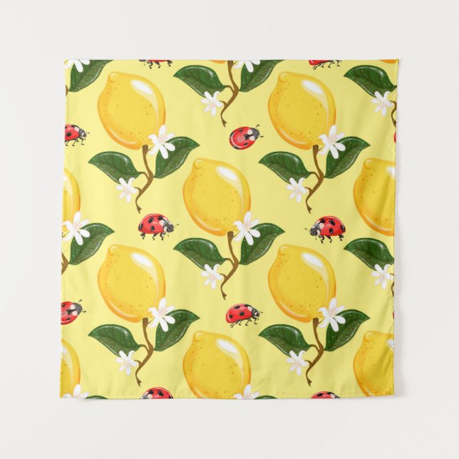 Lemon Ladybug: Tropical Yellow Pattern. Tapestry (Front)