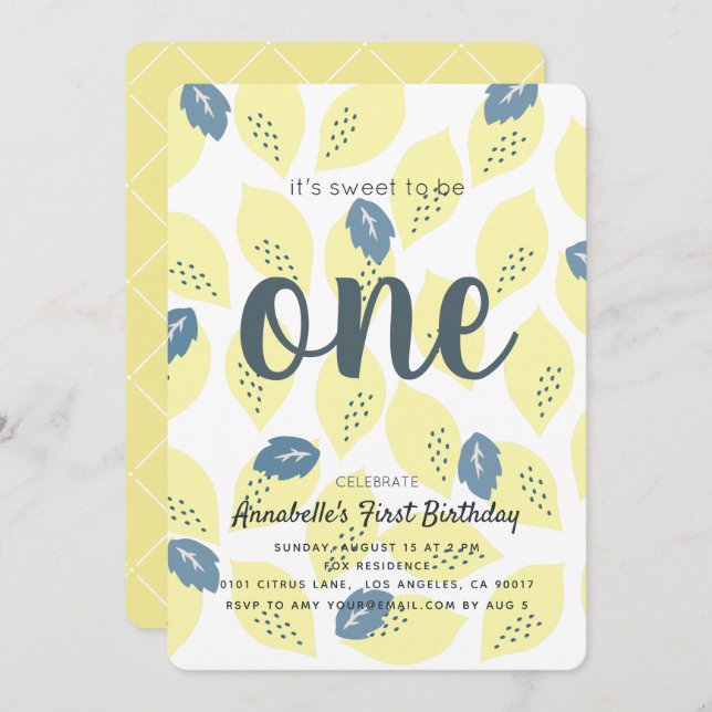 Lemon & Leaf Pattern 1st Birthday Party Invitation (Front/Back)