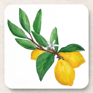 Lemon Leaf Watercolor Design Fresh Citrus Coaster