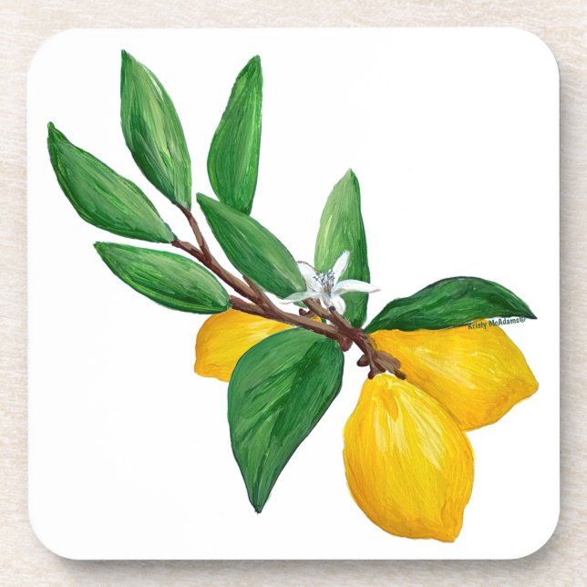 Lemon Leaf Watercolor Design | Fresh Citrus Coaster (Front)