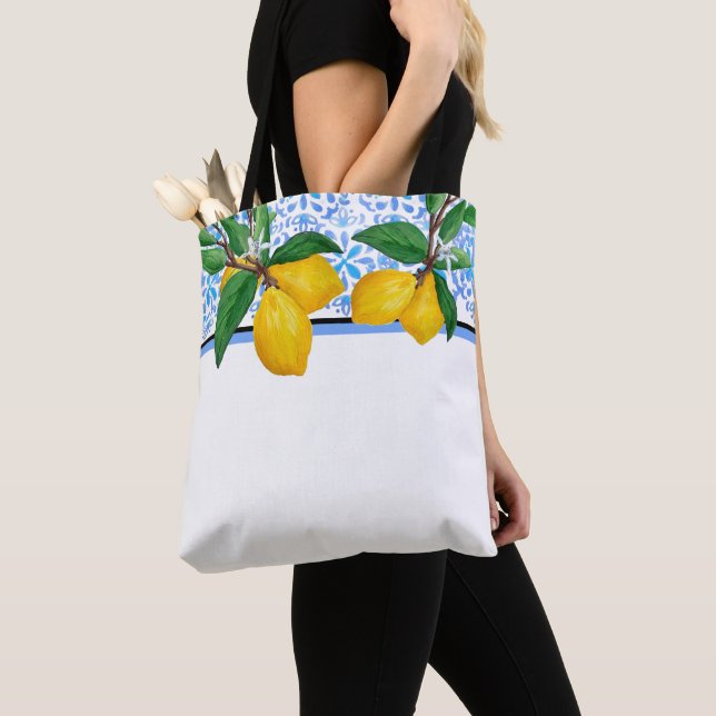 Lemon Leaf Watercolor Tote | Blue Amalfi Citrus Bag (Close Up)