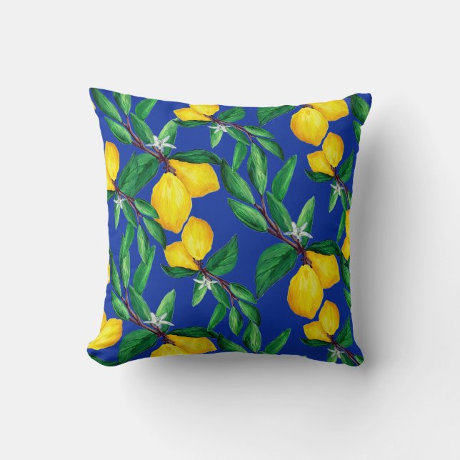 Lemon Leaf Yellow Green Blue Pattern Throw Pillow (Front)