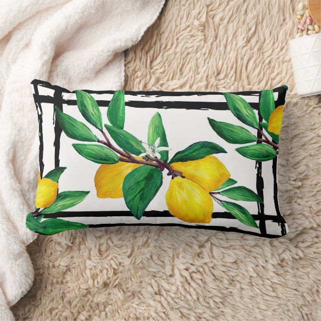 Lemon Leaves Citrus Yellow Green Leaf Black Line Lumbar Cushion (Blanket)