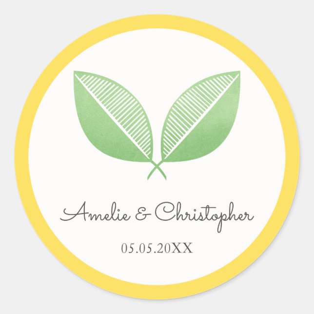 Lemon Leaves Yellow & Green | Personalised Wedding Classic Round Sticker (Front)