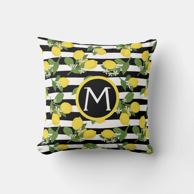 Lemon Lemons Citrus Monogram Black Stripes Cushion (Front)