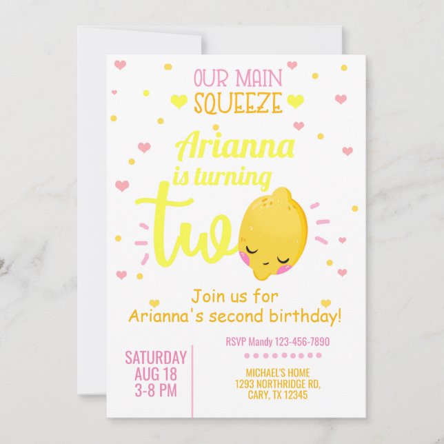 Lemon, lemons girl 2nd second birthday invite. invitation (Front)