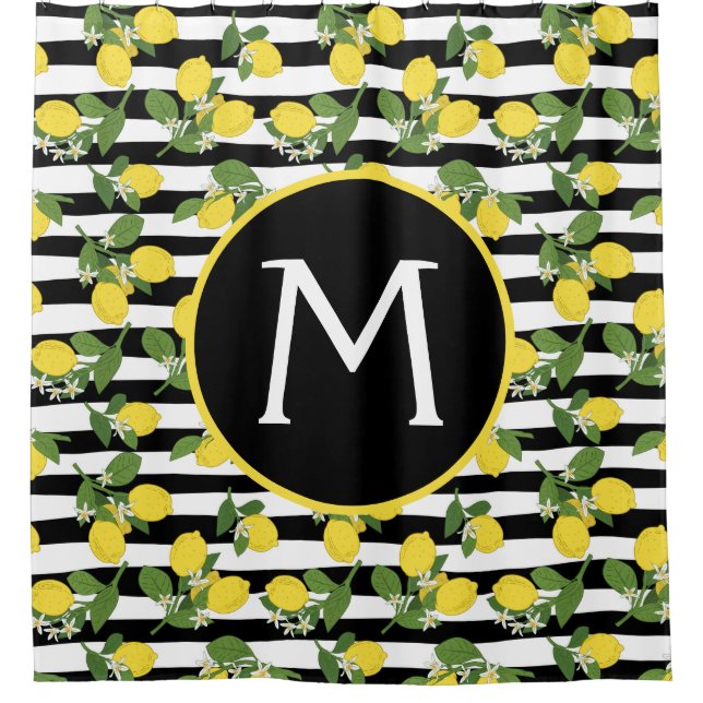 Lemon Lemons Yellow Black Stripes Bath Shower Curtain (Front)