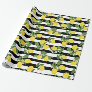 Lemon Lemons Yellow Black Stripes Gift Wrap Paper