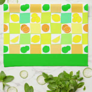 Lemon Lime and Oranges Pattern Green Border Tea Towel