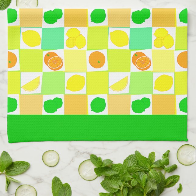 Lemon Lime and Oranges Pattern Green Border Tea Towel (Folded)