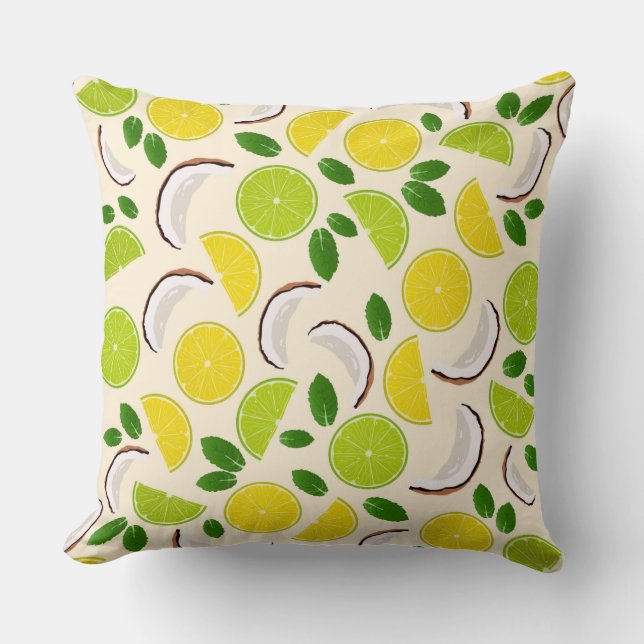 Lemon lime coconut and mint happy cheerful pattern cushion (Front)