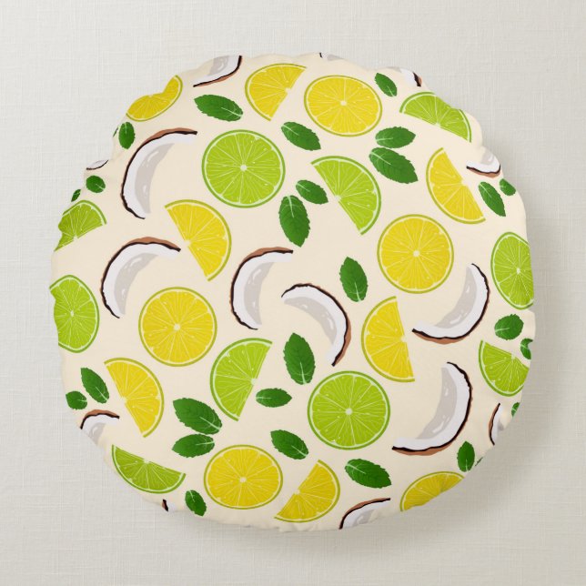 Lemon lime coconut and mint happy cheerful pattern round cushion (Front)