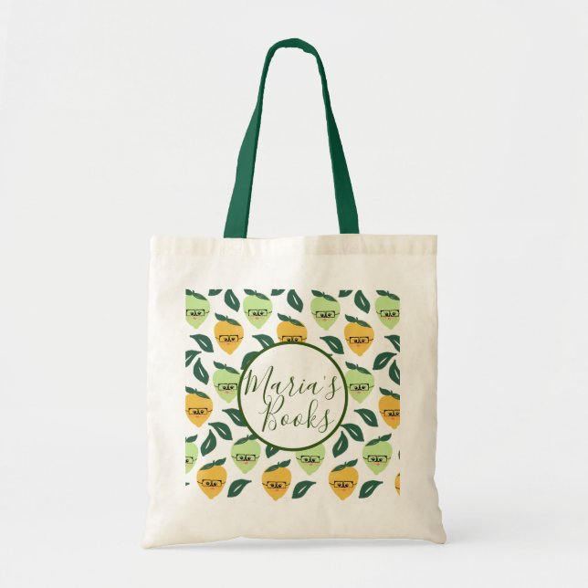 Lemon Lime Cute Patterned Library Books Tote Bag (Front)