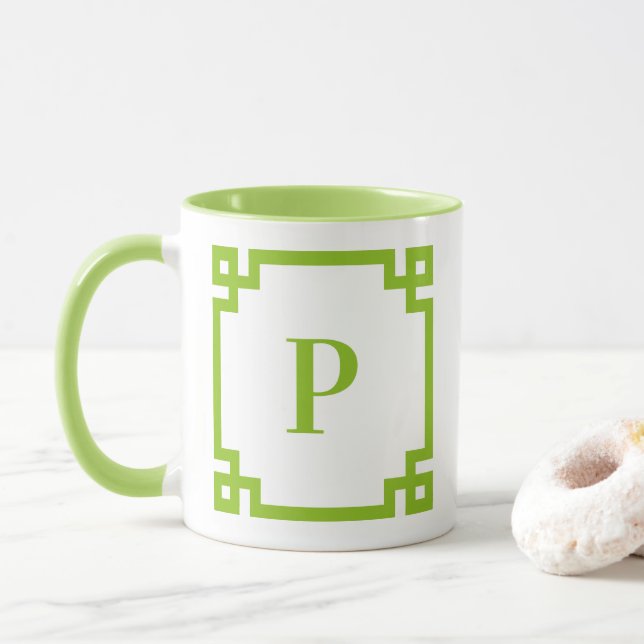 Lemon Lime Greek Key Border Monogram Mug (With Donut)