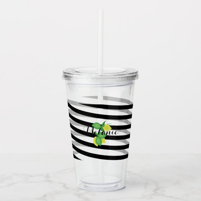 Lemon Lime Limoncillo Ribbon Stripes Monogram Acrylic Tumbler (Front)