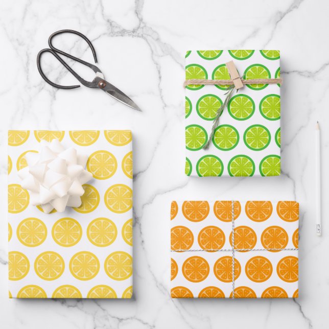 Lemon Lime Orange Fruit Wrapping Paper Set of 3 (Front)