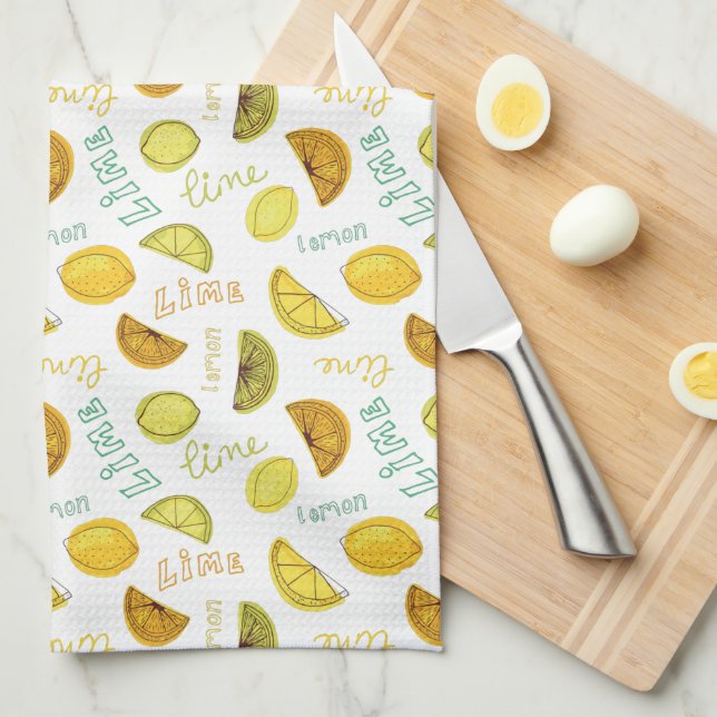 Lemon & Lime Zesty Fruit Pattern Tea Towel (Quarter Fold)