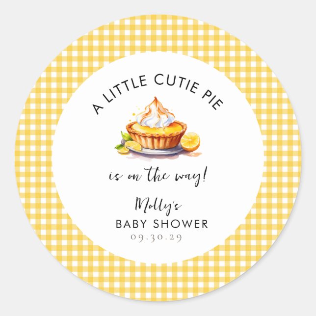 Lemon Little Cutie Pie Gingham Baby Shower  Classic Round Sticker (Front)