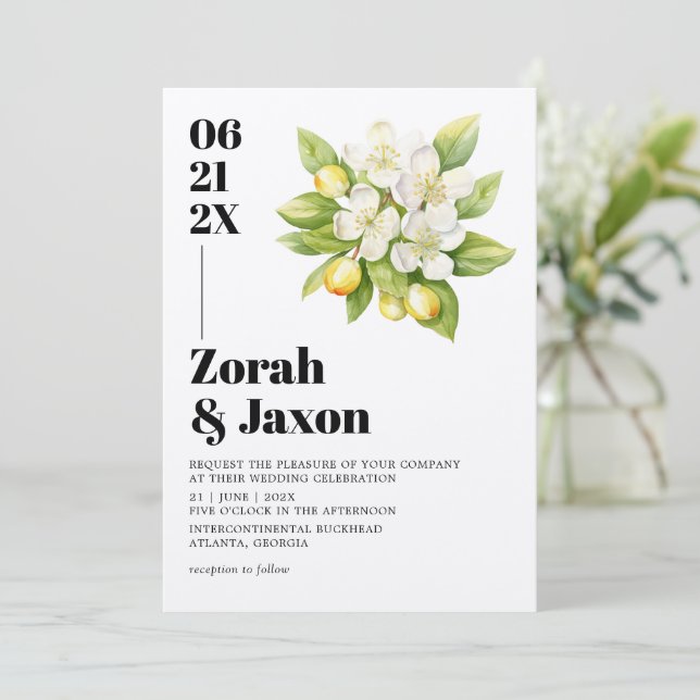 Lemon & Magnolia Floral Yellow Citrus Wedding Invitation (Standing Front)