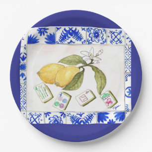 lemon mahjong blue paper plate