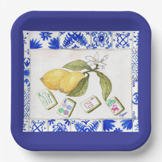 lemon mahjong blue paper plate
