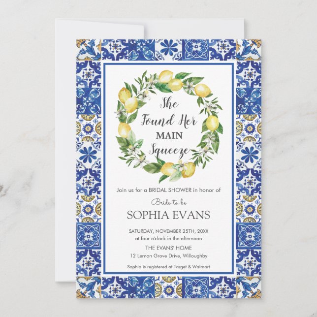 Lemon Main Squeeze Mediterranean Bridal Shower Inv Invitation (Front)