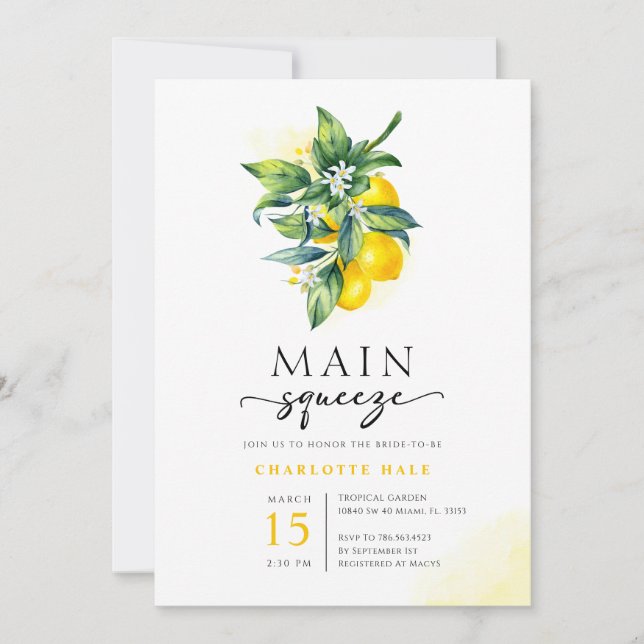 Lemon Main Squeeze Modern Bridal Shower Invitation (Front)