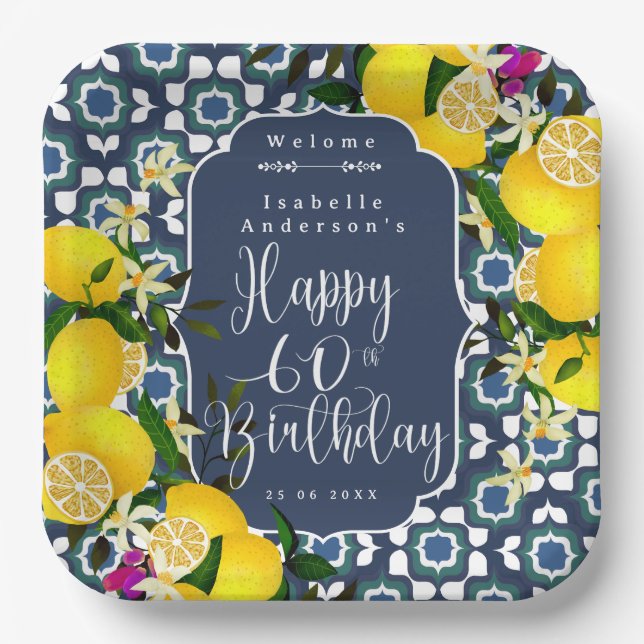 Lemon Mediterranean 60th Birthday Navy Paper Plate (Front)