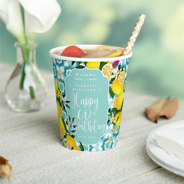 Lemon Mediterranean 60th Birthday Ocean Blue  Paper Cups (Insitu)