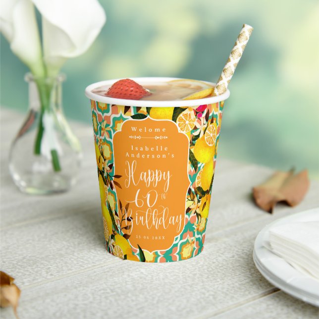 Lemon Mediterranean 60th Birthday  Orange Paper Cups (Insitu)