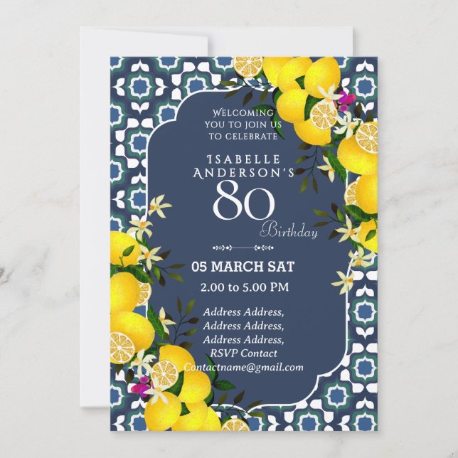 Lemon Mediterranean Blue 80th invitation (Front)