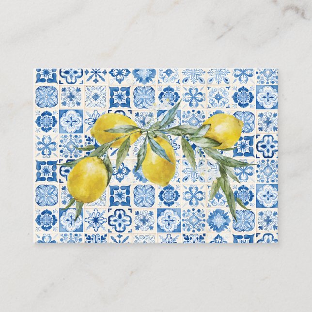 Lemon Mediterranean Blue Tile Bridal Registry Card (Front)