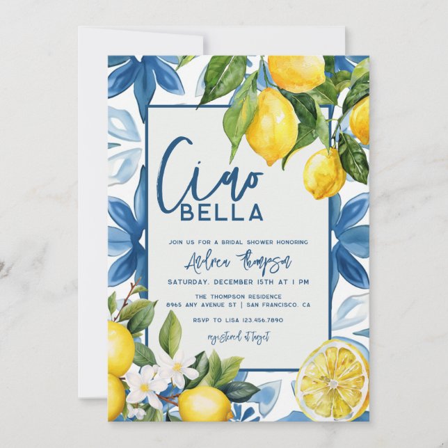 Lemon Mediterranean Blue Tile Bridal Shower Invitation (Front)