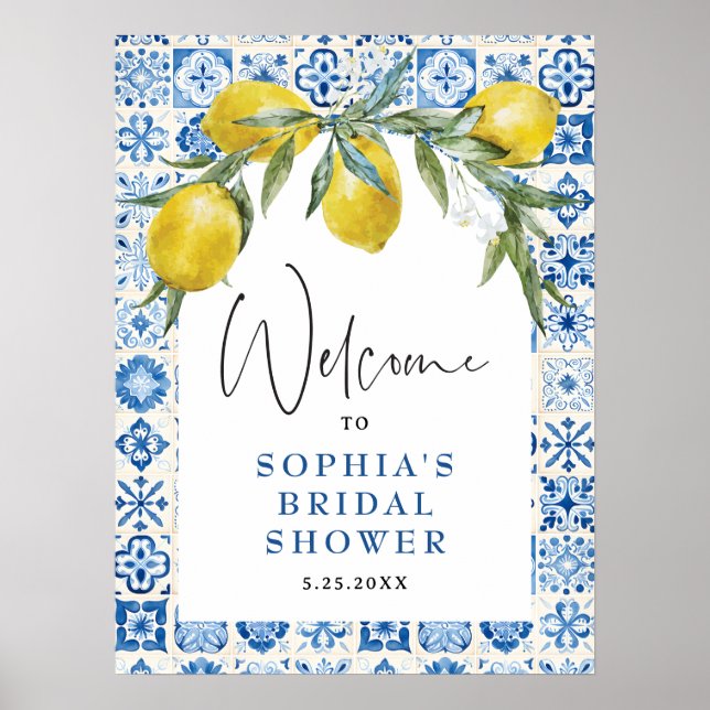Lemon Mediterranean Blue Tile Bridal Shower Poster (Front)