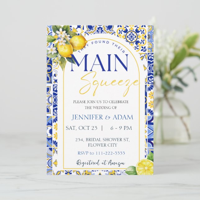 Lemon Mediterranean Blue Tiles Main SqueezeWedding Invitation (Standing Front)
