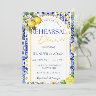 Lemon Mediterranean Blue Tiles Rehearsal Dinner Invitation