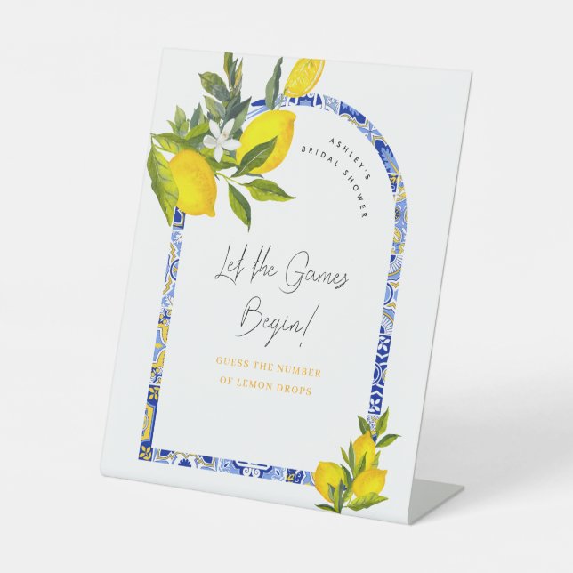 Lemon Mediterranean Boho Arch Bridal Shower Games Pedestal Sign (Front)